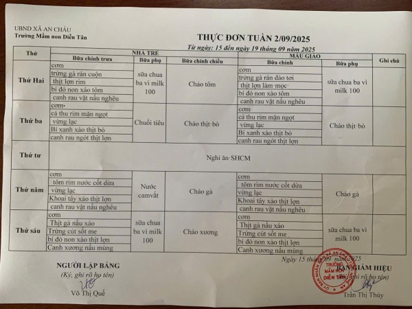 Thực đơn tuần 2 tháng 9 năm 2025