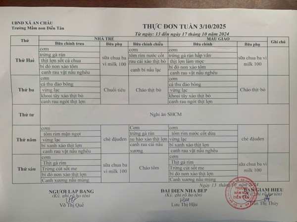 Thực đơn tuầng 3 tháng 10 năm 2025