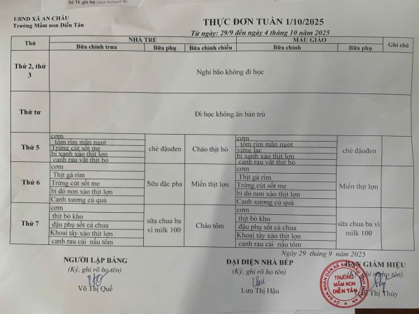 Thực đơn tuần 1 tháng 10 năm 2025