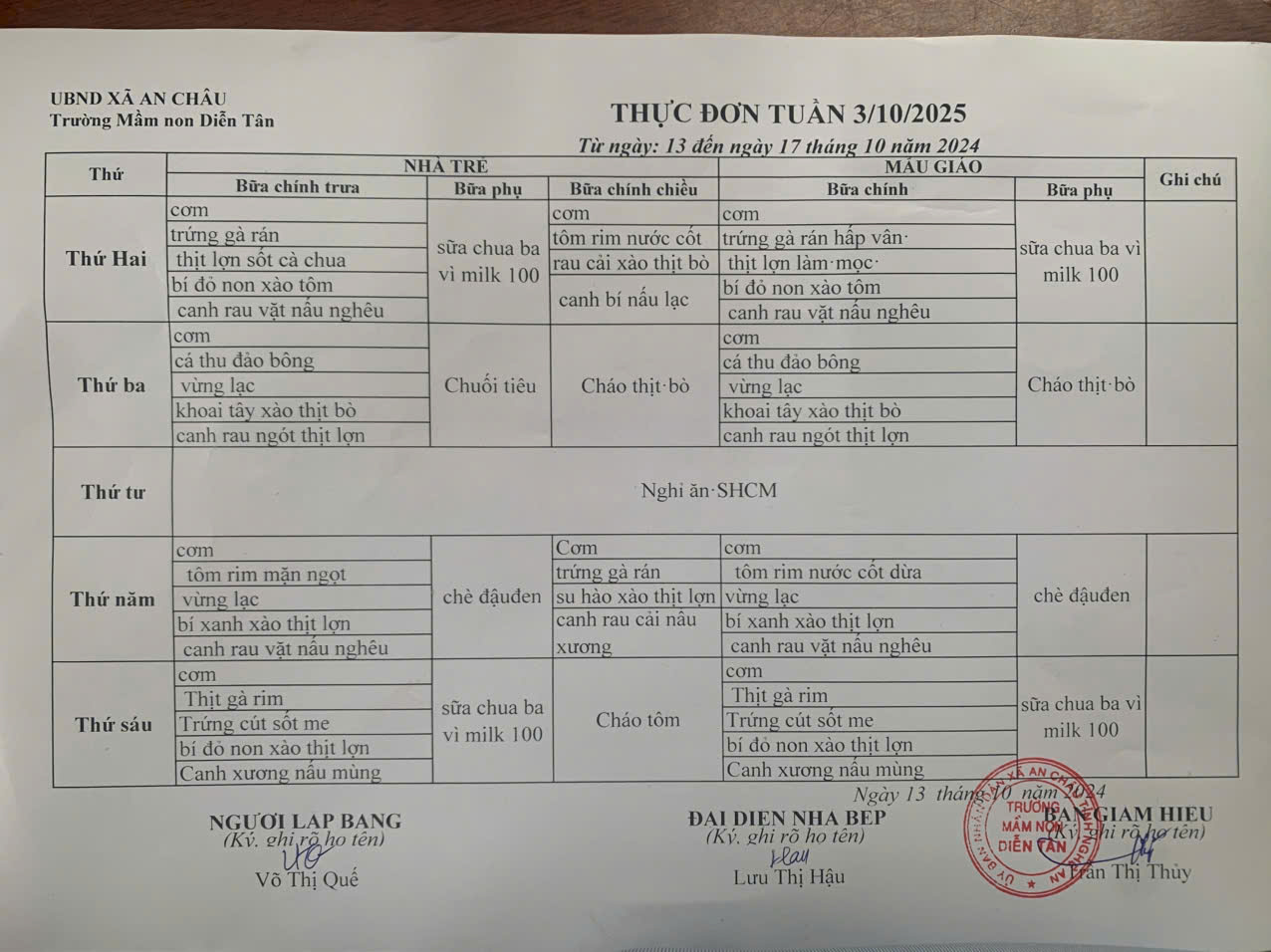 Thực đơn tuầng 3 tháng 10 năm 2025