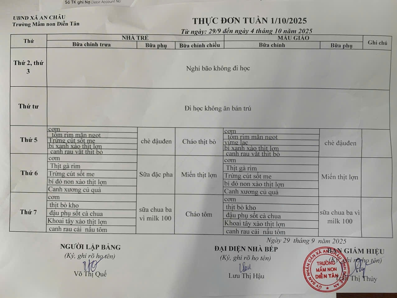 Thực đơn tuần 1 tháng 10 năm 2025
