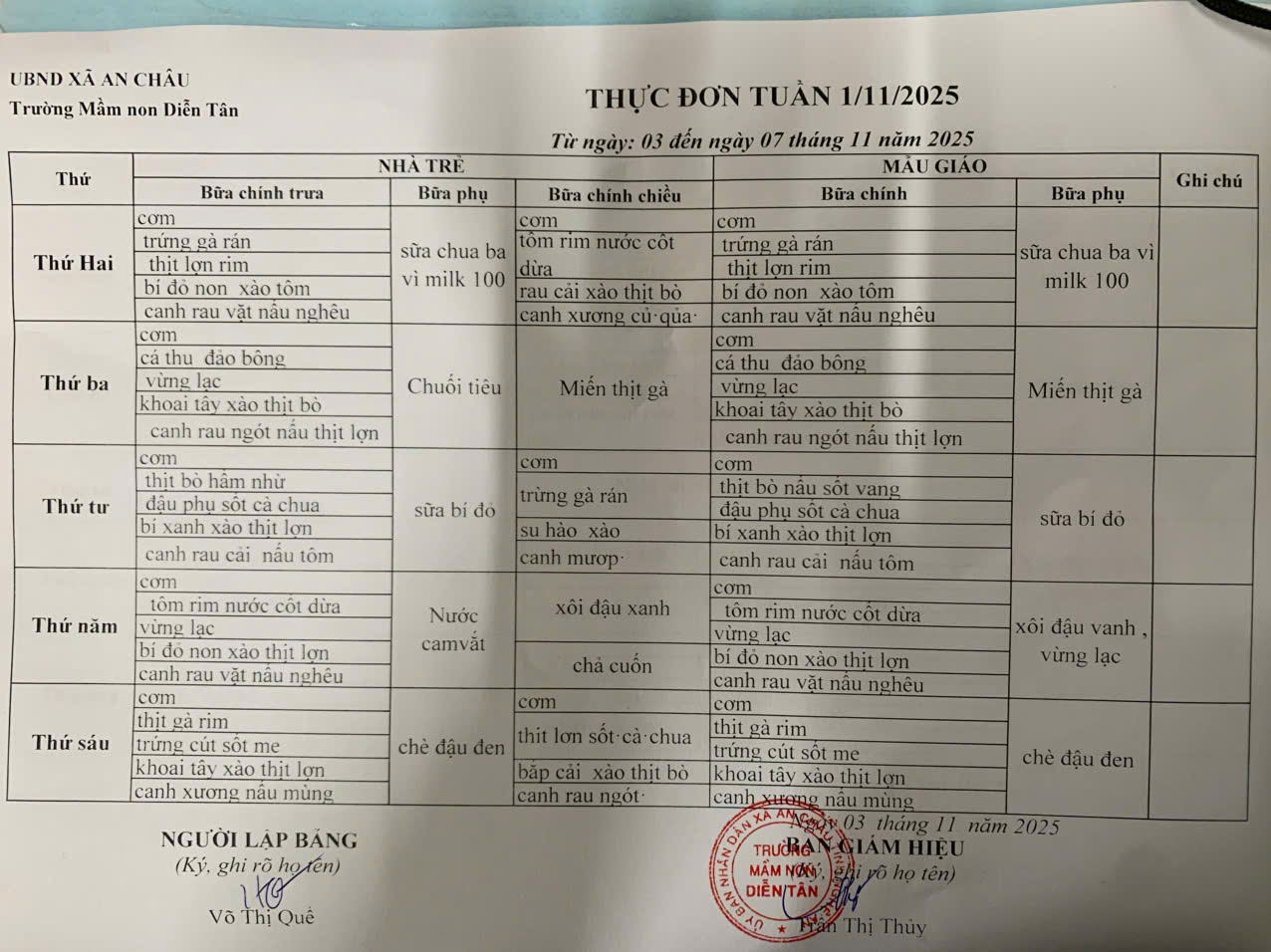 Thực đơn tuần 1 tháng 11 năm 2025