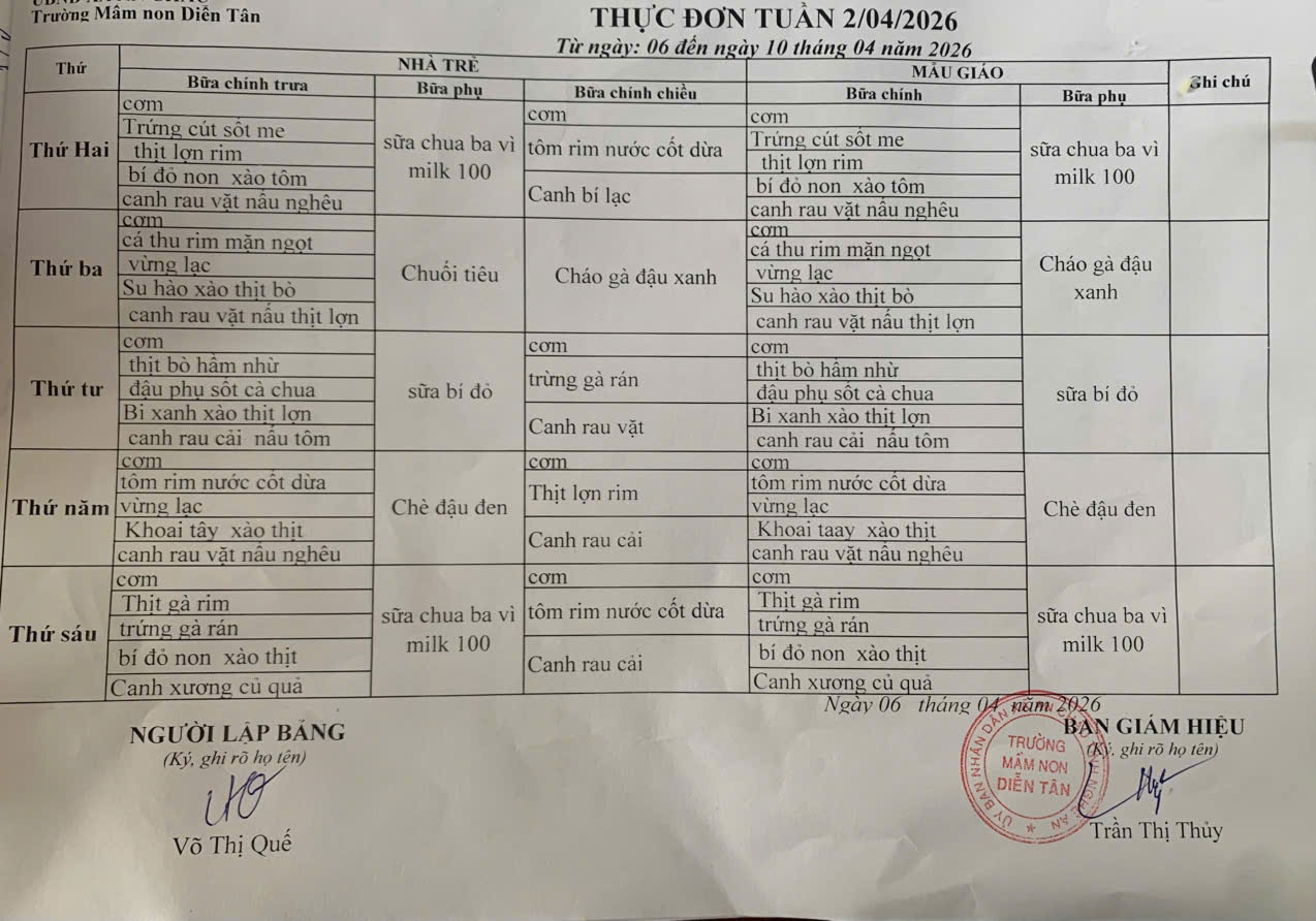 Thực đơn tuần 2 thàng 04 năm 2026